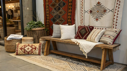 Rustic Bohemian Bench Setting: A rustic wooden bench adorned with an array of intricately patterned kilim pillows and throws, creating a cozy bohemian ambiance.