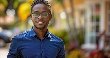 Fototapeta premium A young man wearing glasses and a blue shirt is smiling and holding a backpack