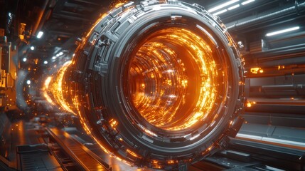 Glowing orange energy core in futuristic metallic tube.