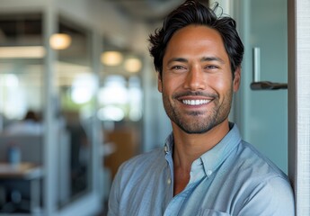 A man is smiling in a room with a lot of windows