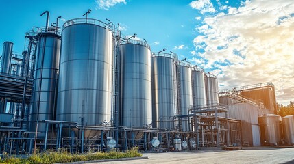 Obraz premium Industrial storage tanks manufacturing facility infrastructure urban environment wide-angle view industrial progress