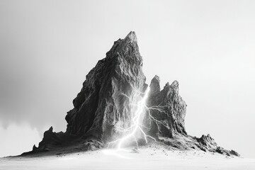 A dramatic black and white image of a lightning strike hitting a majestic rock formation in a desert landscape.