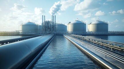 Fototapeta premium Gas storage facility operations industrial area photography water body aerial view energy sector
