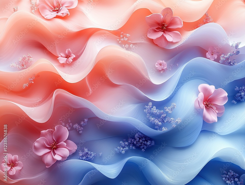 Poster pink flowers on flowing wave patterns, on a textured background. possible usage abstract art