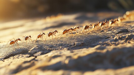 Obraz premium A Line Of Ants Carrying Food Across A Sandy Surface At Sunset.