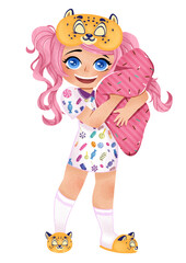 girl in pajamas and pink dress