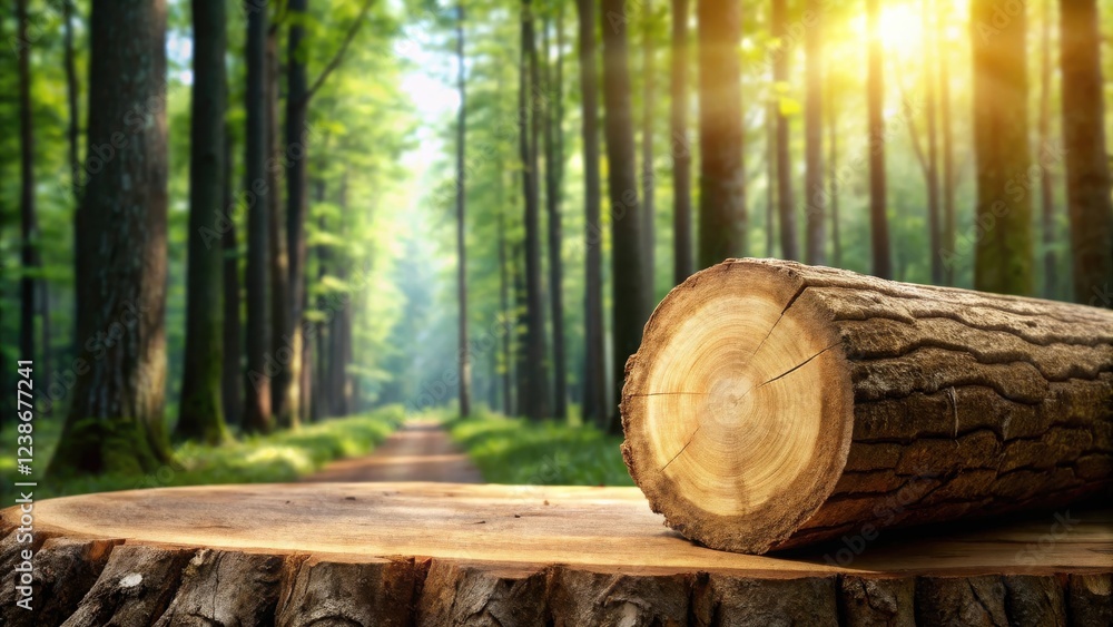 Aufkleber serene forest scene a sunlit path and timber on a tree stump
