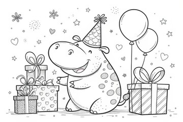 animal birthday theme, Happy hippo celebrating with gifts and balloons in a festive setting. outline for coloring.
