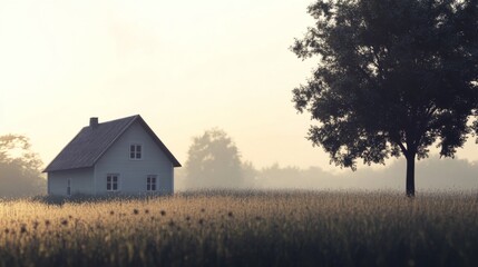 Fototapeta premium Sunrise over rural house, foggy field, tree. Ideal for real estate