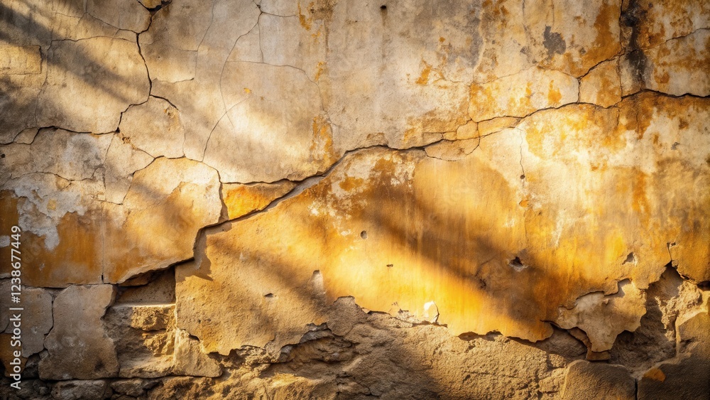 Aufkleber a weathered, sun-drenched wall texture with extensive cracks and crumbling plaster reveals the under