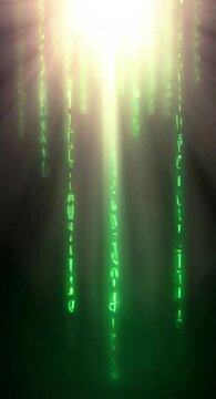 Green digital binary numbers looping in motion, animated technology code, futuristic data visualization, programming concept.