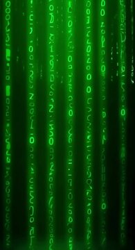Green digital binary numbers looping in motion, animated technology code, futuristic data visualization, programming concept.