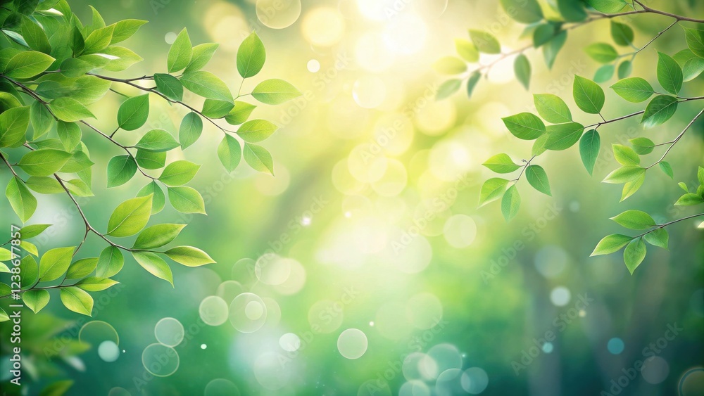 Poster Serene Springtime Branches with Vibrant Green Foliage and Soft Bokeh Background