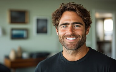 Obraz premium A man with a beard and a smile is standing in front of a home