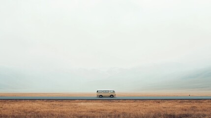 Van drives on empty highway, misty mountains, travel
