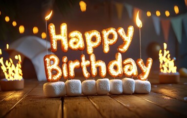 of Happy Birthday Formed with Toasted Marshmallows and a Fire Glow, Cozy Camping Theme