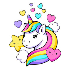 Print with unicorn. Happy birthday party design.