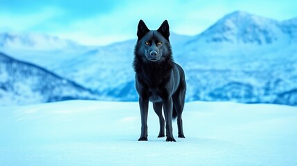 Obraz premium Majestic Black Wolf Stands Alone in Snowy Landscape with Mountains