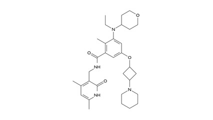igermetostat molecule, structural chemical formula, ball-and-stick model, isolated image small molecule drug