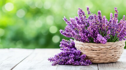 Lavender bouquet in wicker basket, garden background, spa, aromatherapy