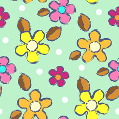 Vector - doodle flowers with leaves deamless pattern.