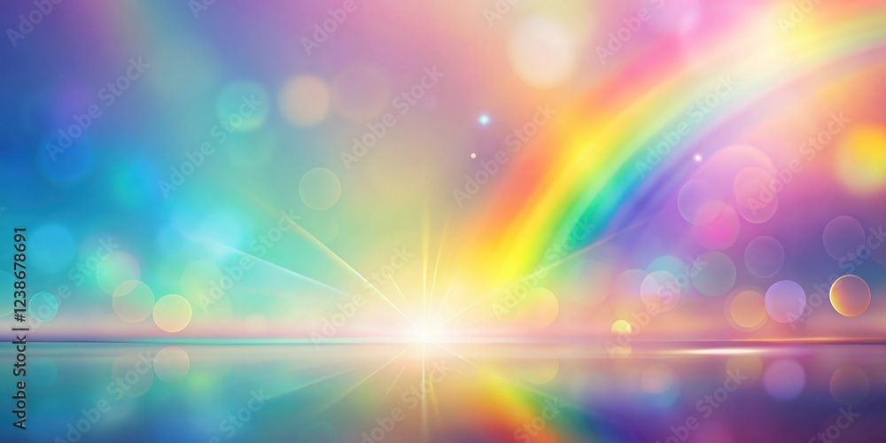 Poster serene landscape with a vibrant rainbow arc and bright sunburst reflected in calm waters, creating a