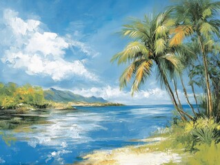 Idyllic tropical beach landscape with palm trees and calm blue sea under cloudy skies