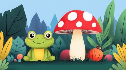 Obraz premium Cute Cartoon Frog Sitting Beside Large Red Mushroom in Forest
