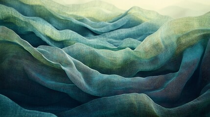 Soft teal fabric drapes elegantly creating a serene landscape with warm ambient light. AI Generated