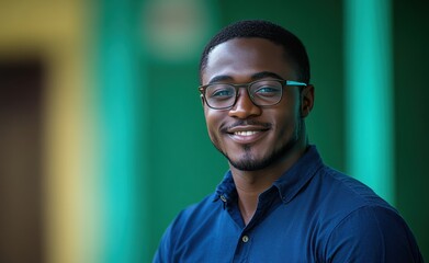 A man wearing glasses is smiling and looking at the camera