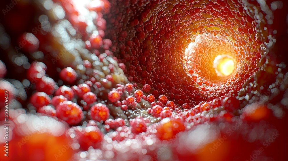 Poster microscopic cellular structure: an abstract 3d rendering of red and orange cells in a spiral tunnel,