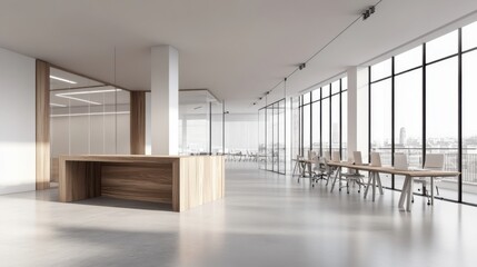 Bright and Modern Office Interior with Large Windows and Minimalist Design