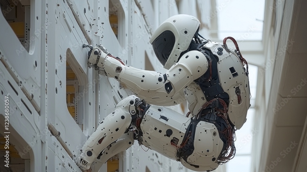 Poster A humanoid robot is skillfully navigating a vertical wall in a modern urban environment