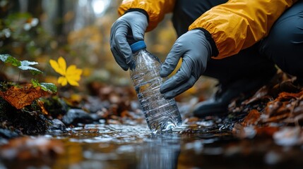 Volunteer collecting plastic bottle from forest stream during cleanup