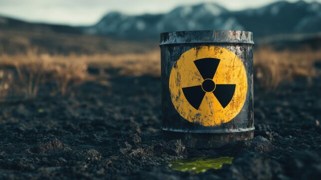 Rusty radioactive barrel on contaminated ground in a desolate landscape