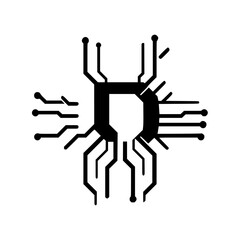 Abstract Technology Logo: Circuit Board Letter D.  A sleek, modern design symbolizing digital innovation, networks, and data processing. Perfect for tech startups and companies.