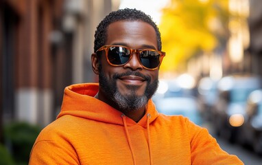 Fototapeta premium A man wearing an orange jacket and sunglasses is smiling