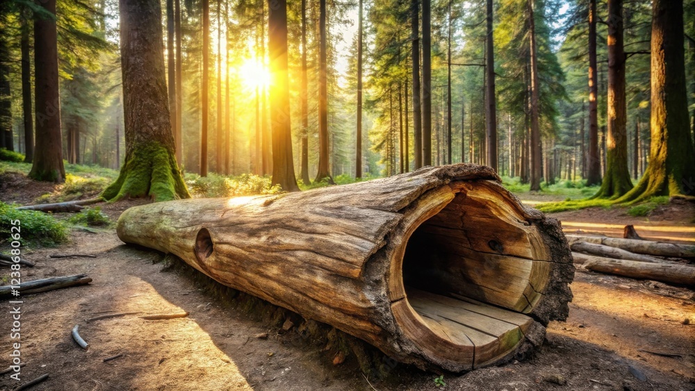 Poster golden sunlight filters through a dense forest illuminating a hollowed-out log resting on a forest p
