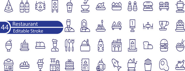 Restaurant Line Editable Icons set. Vector illustration in modern thin line style of public catering related icons. menu categories, table reservations, food and drinks, and more.