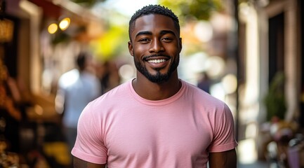 Fototapeta premium A man with a big smile is standing on a street