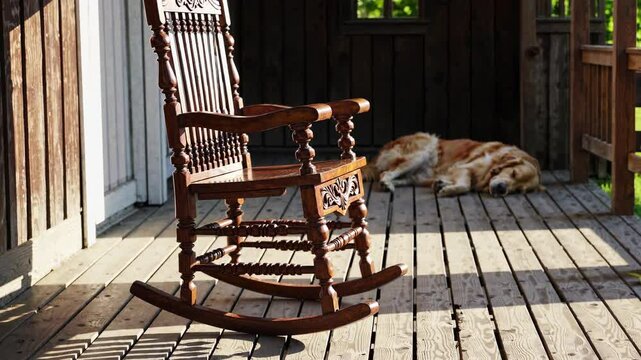 Relaxing afternoon on a porch with a rocking chair and a golden retriever napping nearby