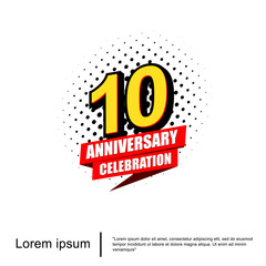 10th years anniversary celebration emblem. anniversary logo isolated with red ribbon on white background. vector illustration template design for web, flyers, poster, greeting card, invitation card 