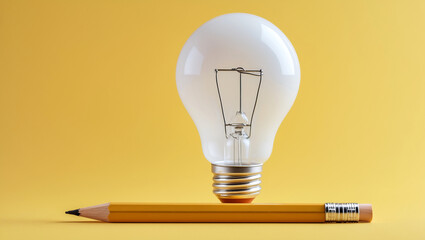 A white light bulb and pencil on a yellow background. Business idea concept
