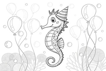 Obraz premium animal birthday theme, Seahorse illustration with balloons in a playful underwater scene. outline for coloring.