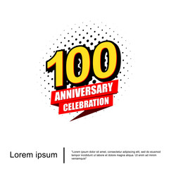 100th years anniversary celebration emblem. anniversary logo isolated with red ribbon on white background. vector illustration template design for web, flyers, poster, greeting card, invitation card 