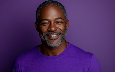 Fototapeta premium A man with a purple shirt is smiling and looking at the camera