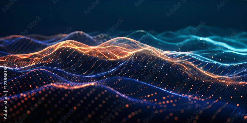 Poster flow of particles. cyber technology illustration. abstract motion background of colored dots. techno