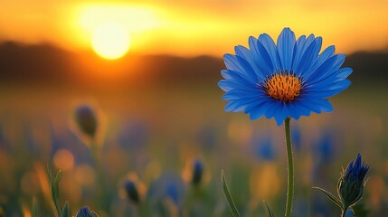Single blue flower at sunset.