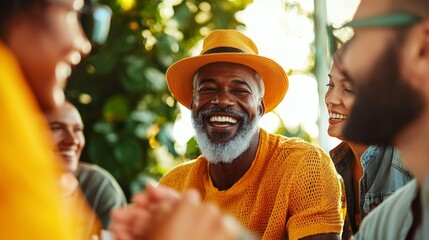 Happy diverse group enjoying time together in a vibrant outdoor setting