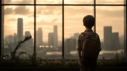 Boy gazing at sunset cityscape